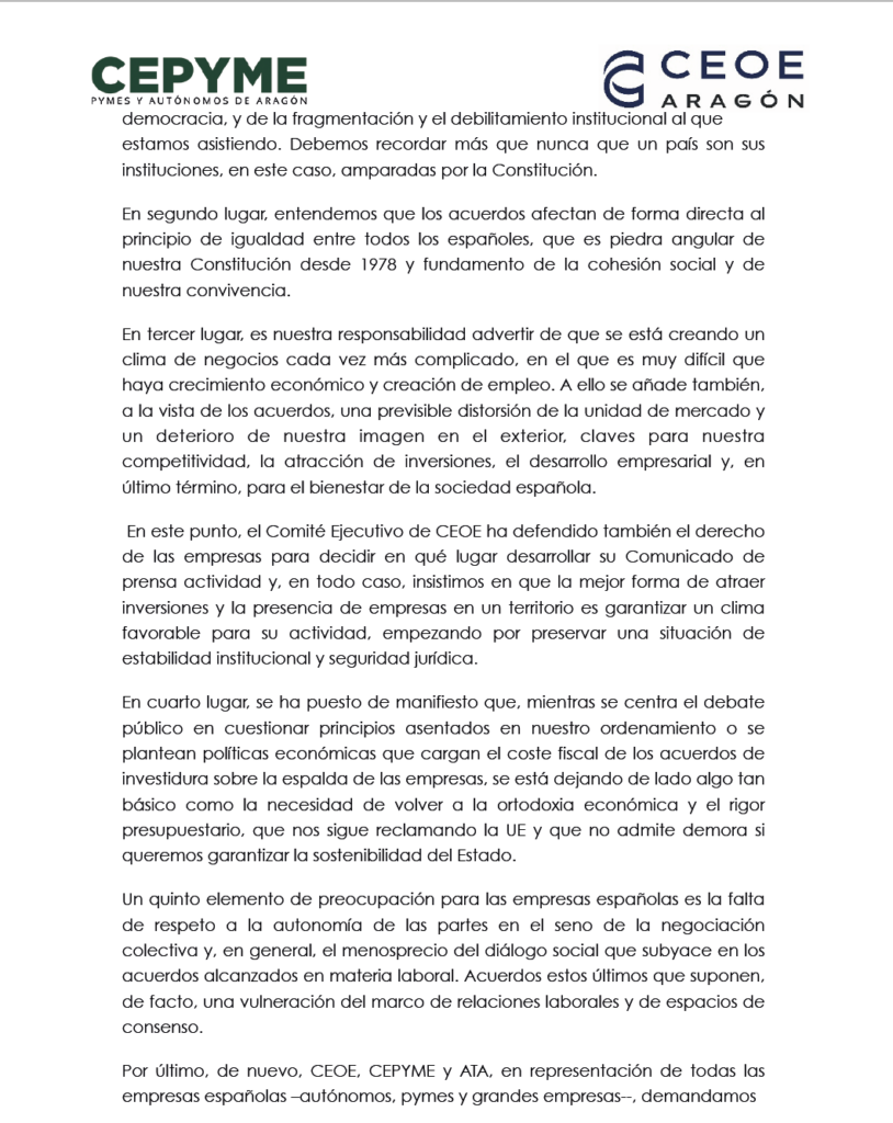 Compartimos y suscribimos el comunicado emitido por CEOE Aragón por la